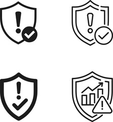 Set of four shield icons representing security, alerts, and financial growth with warning.