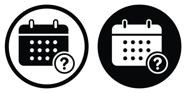 Calendar icon with a question mark symbol. Vector graphic representing unknown dates, pending schedules, tentative appointments, or inquiry for event planning in circular frames.