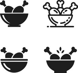 Four distinct icons depicting bowls filled with chicken drumsticks, presented in various styles and arrangements.