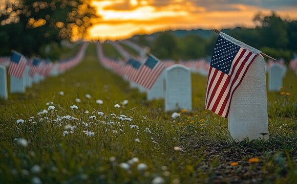rows of white grave markers with american flags at sunset, solemn and reflective atmosphere