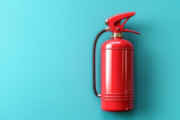 Obraz premium red fire extinguisher with black hose against a bright turquoise wall conveying safety, readiness and calm preparedness
