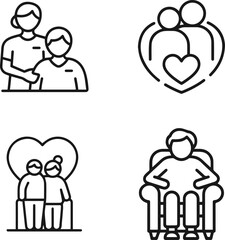 A set of four simple line art icons representing different family and care giving relationships.