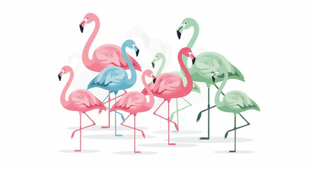 Fototapeta premium Collection of pink, blue, and green flamingos standing on one leg