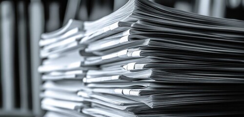 Close-up of stacked folded newspapers and documents in monochrome, layered edges forming a repetitive pattern and conveying overwhelming paperwork