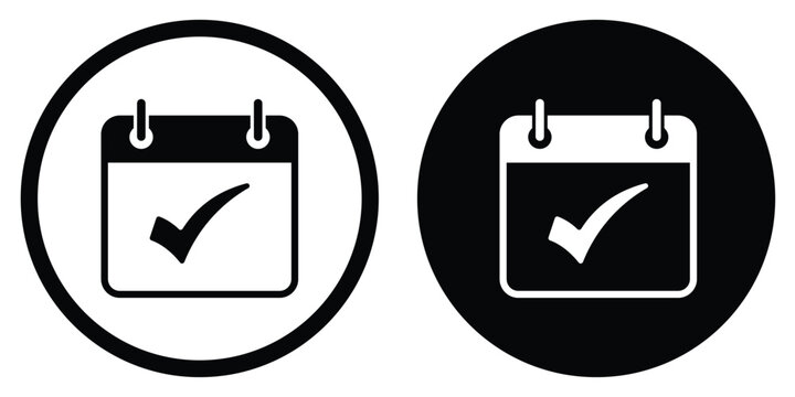 Calendar vector icon with a confirmed checkmark symbol. Set in black and white circular frames. Suitable for verified dates, completed appointments, and successful project scheduling.