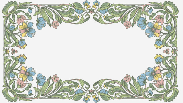 An elegant vintage floral frame featuring an ornate vector design with spring leaves and nature-inspired ornaments for a decorative invitation border or wallpaper banner