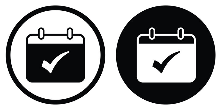 Calendar vector icon with a confirmed checkmark symbol. Set in black and white circular frames. Suitable for verified dates, completed appointments, and successful project scheduling.