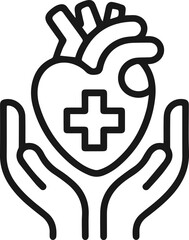 Icon of a heart with a medical cross inside, held by two cupped hands, symbolizing care and health.