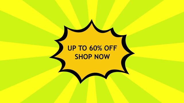 Bright yellow-green burst background with a central orange comic-style starburst containing black text reading 'up to 60% off shop now'