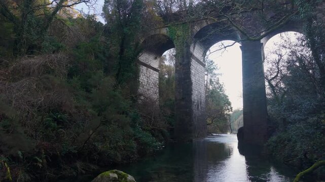 Ponte Pe&oacute;n Aqueduct During Sunrise In San Crimenso, Galicia, Spain. Aerial Shot