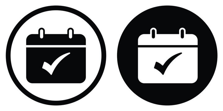 Calendar vector icon with a confirmed checkmark symbol. Set in black and white circular frames. Suitable for verified dates, completed appointments, and successful project scheduling.