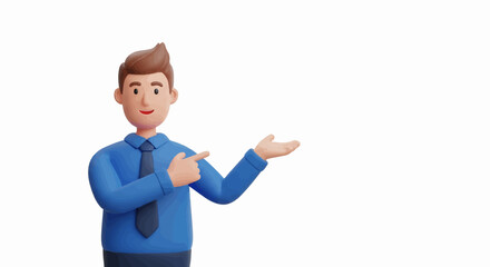Cartoon man in blue shirt and tie gesturing to the right