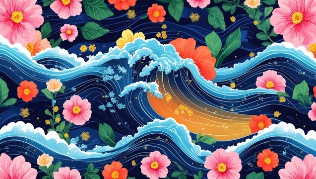 A vibrant digital artwork depicting crashing waves amidst colorful flowers, creating a lively and harmonious atmosphere