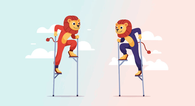 Cartoon lions on stilts in a sky with clouds, facing each other