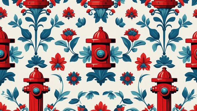 Colorful floral pattern featuring red fire hydrants among blue and red flowers on a light background