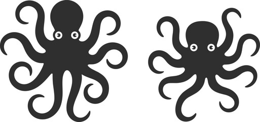 Two stylized black octopus silhouettes with large eyes and flowing tentacles against a white background representing marine life and simplicity © MdMoktar