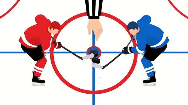 Professional Ice Hockey Faceoff Vector Illustration Two Rival Players Red and Blue Teams Competing at Center Ice Rink Sports Match Graphic