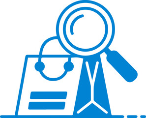 Blue Icon Representing Online Shopping Search and Discovery of Products with Magnifying Glass Over Shopping Bag