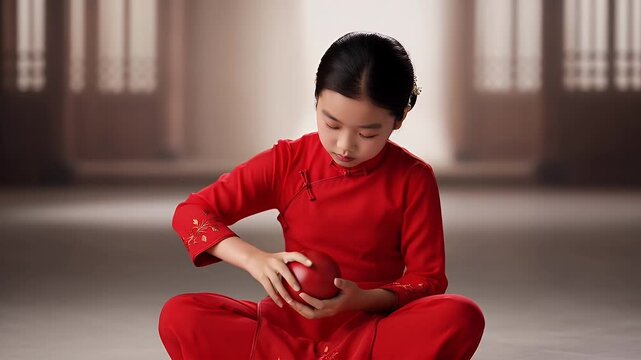 Charming Girl in Red Traditional Dress Gazing at Red Ball Indoors with Subtle Lighting and Muted Walls for Adobe Stock