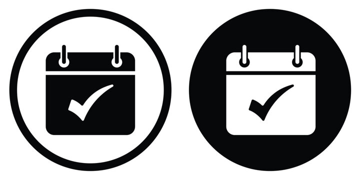 Calendar vector icon with a confirmed checkmark symbol. Set in black and white circular frames. Suitable for verified dates, completed appointments, and successful project scheduling.