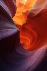 Obraz premium sunlit flowing sandstone slot canyon with layered curves, warm orange and purple striations and dramatic serene light in a narrow rock passage