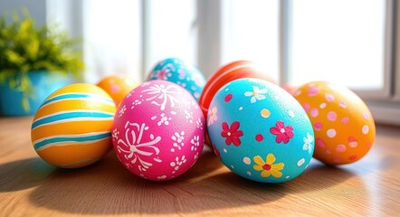 Fototapeta premium Brightly painted colorful eggs with floral and striped patterns resting on a sunlit wooden table by a window with a blurred potted plant, cheerful spring mood