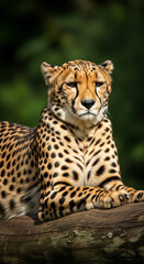Obraz premium Portrait of cheetah with spotted fur lying on a log. Its pose evokes power, composure and observation, a wild animal in its natural environment