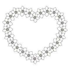 Fototapeta premium Heart shape wreath with white flower and copy space in vintage style. Hand drawn vector festive decorative design. Graphic drawing ideal for Easter card template. Perfect for spring holiday season.