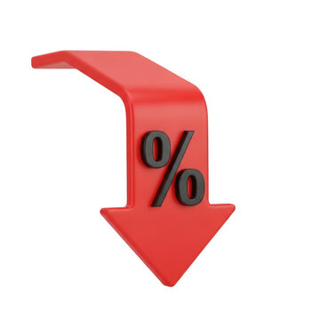 Bright red arrow with a percentage symbol pointing downwards isolated on transparent background