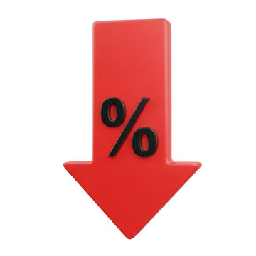 Bright red downward arrow with a bold black percentage symbol isolated on transparent background