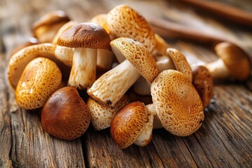 Obraz premium rustic cluster of fresh brown mushrooms on weathered wooden table, inviting earthy harvest