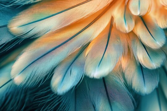 Macro close-up of soft turquoise and golden bird feathers with overlapping silky texture and a tranquil delicate mood