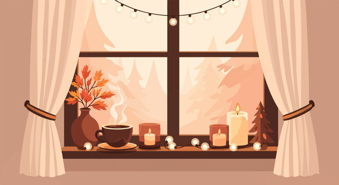 Cozy window scene with warm cup, flickering candles, and autumnal decor