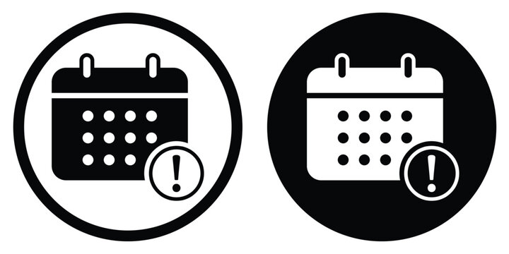 Calendar icon with an exclamation mark warning. Vector illustration for urgent deadlines, event alerts, critical schedules, or important date reminders in circular frames.