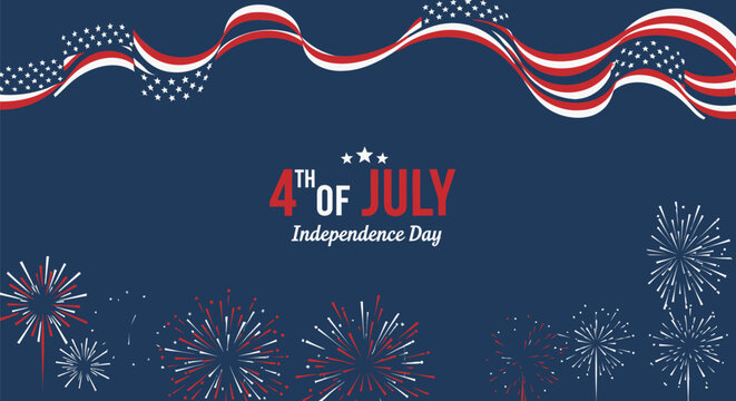 4th of July Independence Day banner with fireworks and ribbons, vector illustration for poster or social media