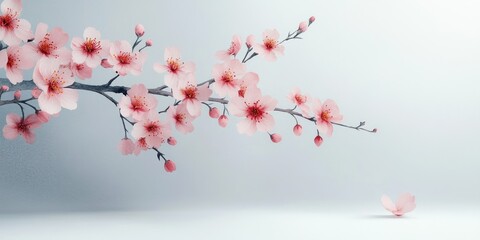 delicate pink cherry blossom branch with scattered petals on a soft minimalist background evoking calm serenity