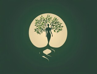 silhouette of a woman merging into a leafy tree with flowing roots in front of a glowing circular backdrop, serene and grounded