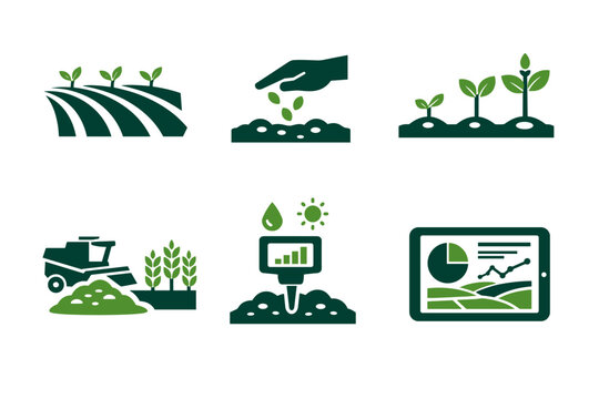 Green agriculture and smart farming icon set showing planting, seedlings, soil cultivation, irrigation monitoring, harvest equipment, and data analytics dashboard