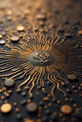 Golden intricate emblem radiating digital network connections