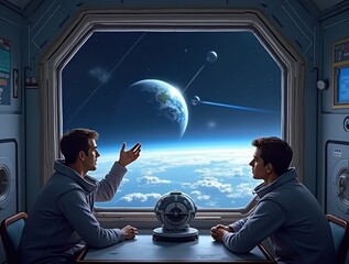 Astronauts discussing global future from space station looking Earth