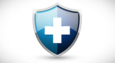Blue shield with white medical cross symbol on gradient background for healthcare protection