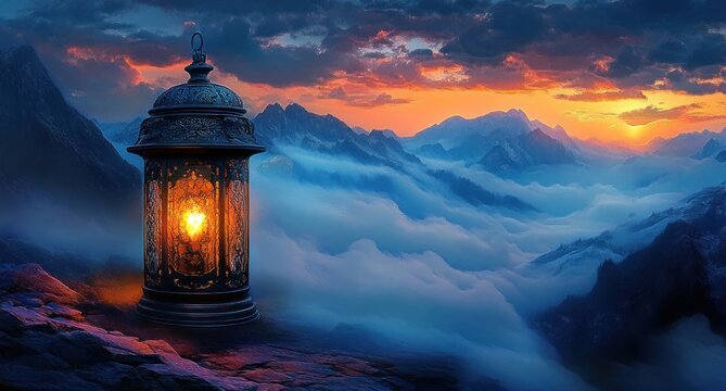 Ornate lantern glowing on a rocky ledge above a mist-filled mountain valley at sunrise, warm light and cool blue clouds creating a serene, mystical atmosphere