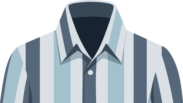 Close-up of a striped button-up shirt with a dark collar and light blue, grey, and white stripes
