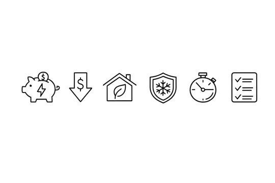 Row of minimalist line icons showing savings, price reduction, eco home, snowflake shield protection, stopwatch timing, and checklist compliance on dark background