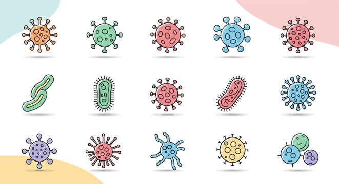 Collection of colorful cartoon illustrations of different types of microbes