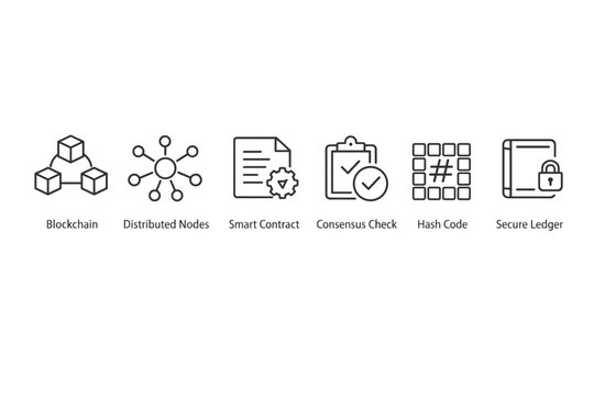 Minimal line icon set illustrating blockchain technology concepts including distributed nodes, smart contracts, consensus check, hash code, and secure ledger