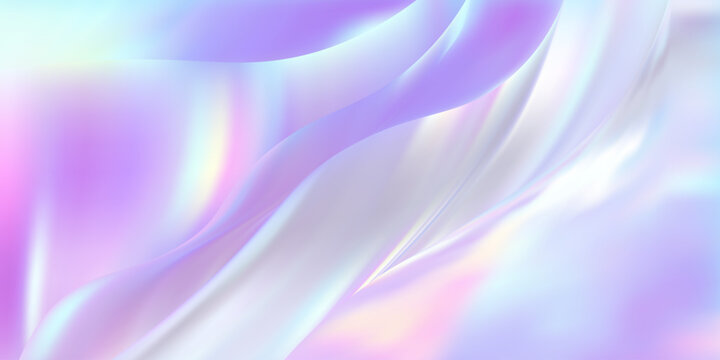 3D holographic background with flowing glass ribbons. Wavy pastel texture creates abstract gradient patterns with crystal-clear light effects and soft silk-like curves. Vector illustration.
