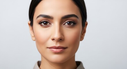 Naklejka premium Close-up portrait of a serene and elegant woman with well-groomed eyebrows, almond-shaped eyes, and a soft smile, capturing International Women's Day with graceful expression and minimalist aesthetic