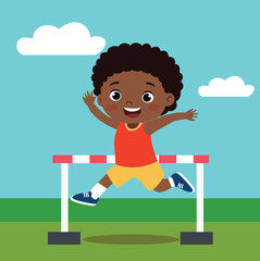 A young boy jumping over a hurdle with a smile