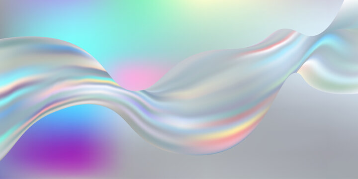 Wavy glass texture with holographic foil ribbons and liquid silk curves form ethereal 3D background featuring crystal light reflections and gradient color patterns. Vector illustration.